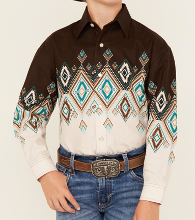 SBN2S04459-Panhandle Boy's Aztec Border Shirt- Brown