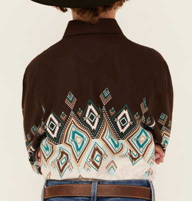 SBN2S04459-Panhandle Boy's Aztec Border Shirt- Brown