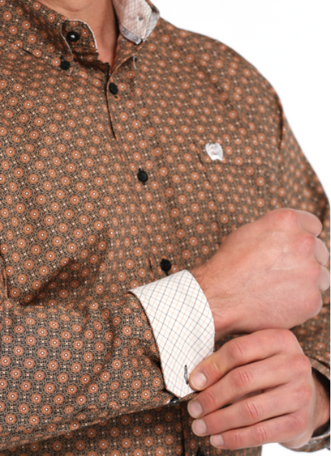 MTW1105833-MEN'S MEDALLION PRINT BUTTON-DOWN WESTERN SHIRT - BLACK