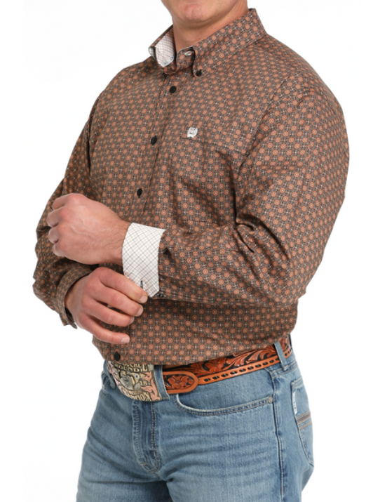 MTW1105833-MEN'S MEDALLION PRINT BUTTON-DOWN WESTERN SHIRT - BLACK