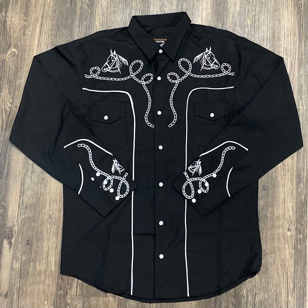 1017 - Black - The American West Men's Embroidered LS Snap Shirt