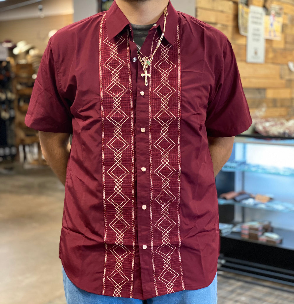 3004 - The American West Mens SS Guayabera  - Burgundy With Gold