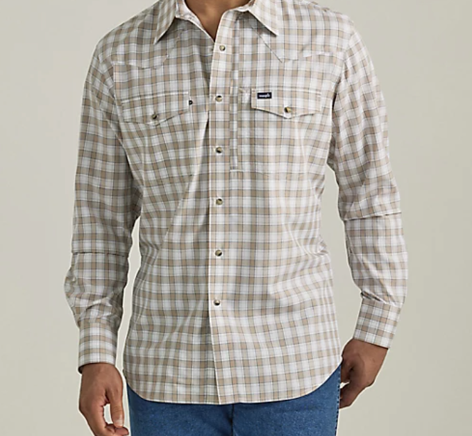 112333324- Wrangler Men's Performance Snap - Beige Plaid