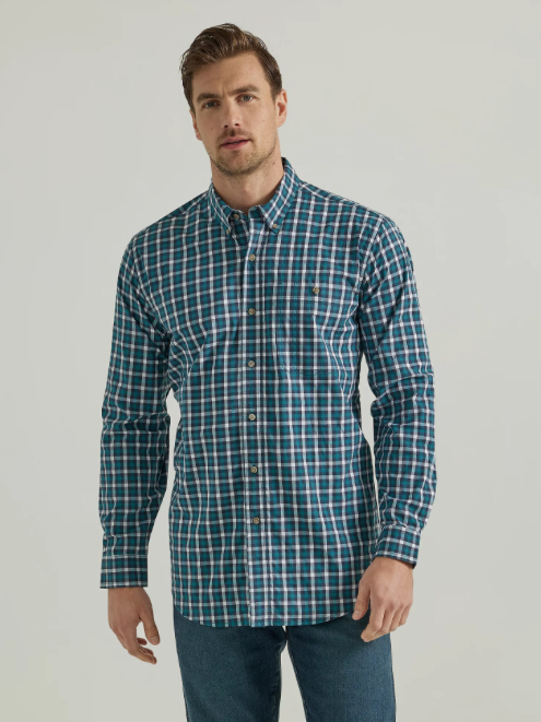 112330356- Wrangler Men’s rugged Wear LS Wrinkle Resist Plaid Button- Down Shit - Dark Green