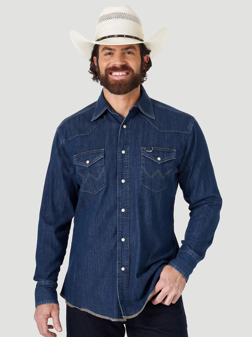 10MS1041D - Wrangler Cowboy Cut LS Western Denim Snap Work Shirt - Dark Denim