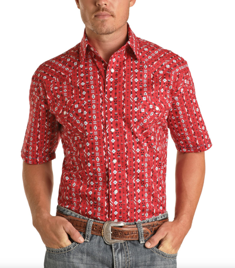 RSMS1SR19P - Panhandle Denim Men’s Regular Fit Arrow Aztec Print SS Snap Shirt