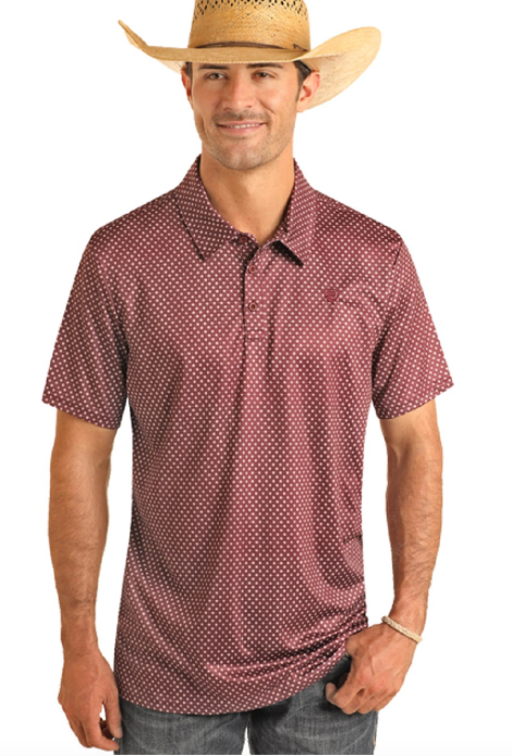 BM53T03976- Rock&Roll Denim Men's Geo Print Polo - Maroon