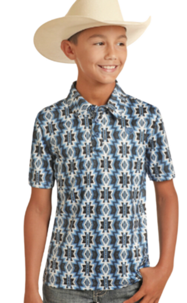 BB51T03965 - Rock & Roll Boy's Printed Aztec Polo - Blue