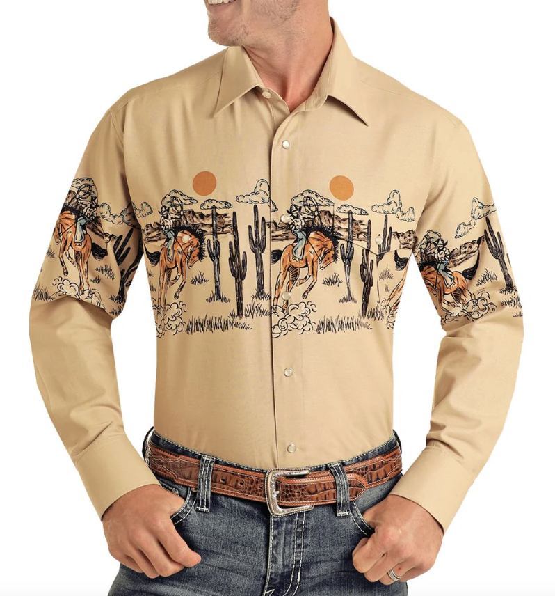 SMN2S03217 - Men's Panhandle Bronc Border Print Snap Shirt - Tan