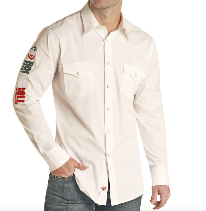 RRMSOSR0ZY - Men's Rock & Roll White Mexico Embroidered Snap Shirt