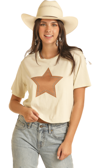 BW21T03918- Woman's Studded Star Applique Tee