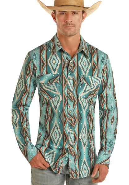 BMN2S03946 - MEN'S AZTEC PRINT LONG SLEEVE SNAP SHIRT