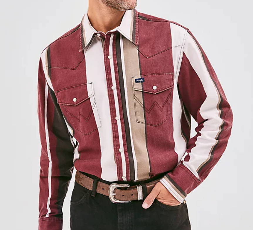 
                  
                    112358326- Wrangler Vintage Brush poppers- Burgundy stripe
                  
                