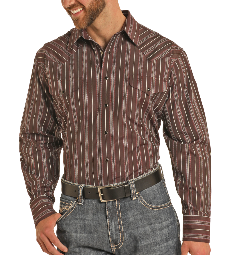 SMNS204443-Panhandle Men's Pearl Snap Striped Ls- Brown
