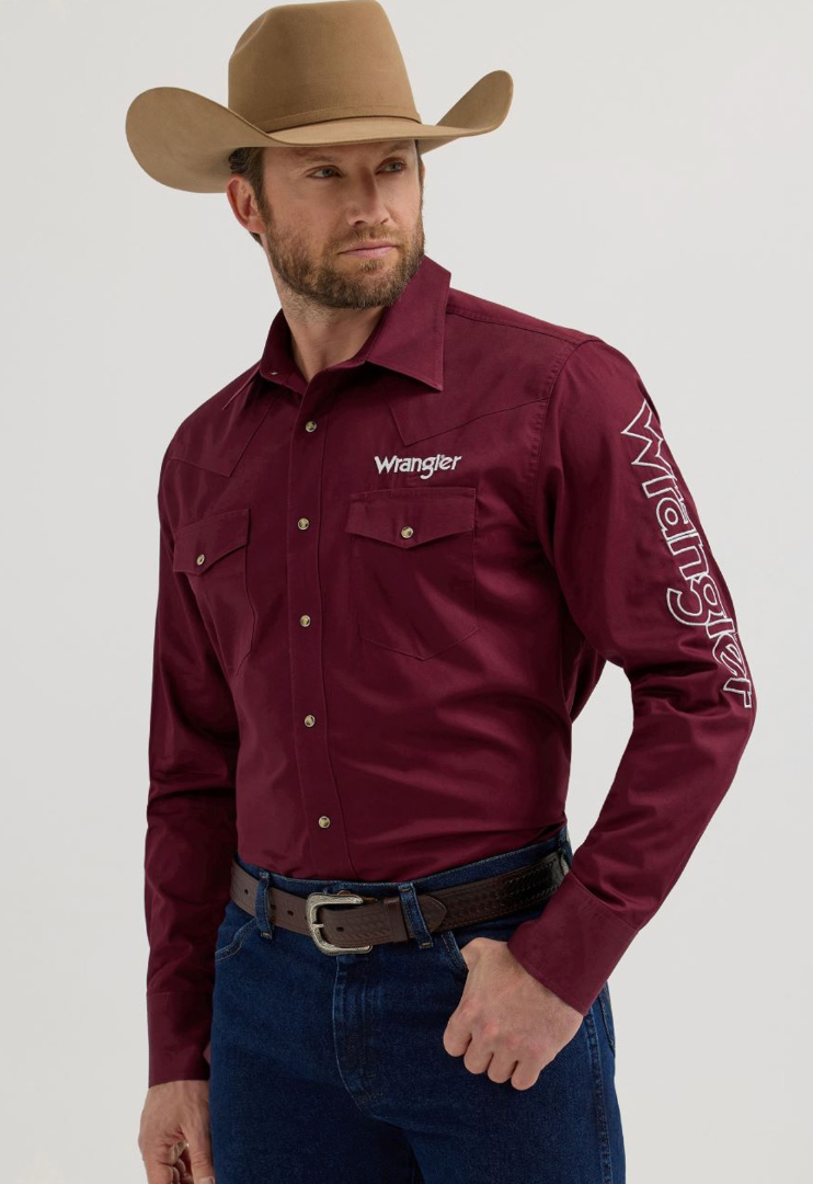 112355405-Wrangler Men's Solid Snap LS- Burgundy