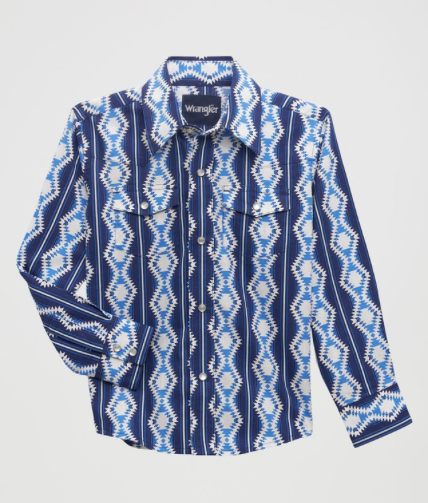 112356529-WRANGLER CHECOTAH AZTEC NAVY PRINT - KIDS BOYS SHIRT