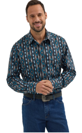 112355377-Wrangler Men's Checotah Aztec Black/Blue Western Shirt