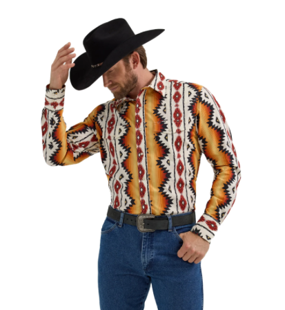 112355378-Wrangler Men's Checotah Aztec Orange & Black Western Shirt