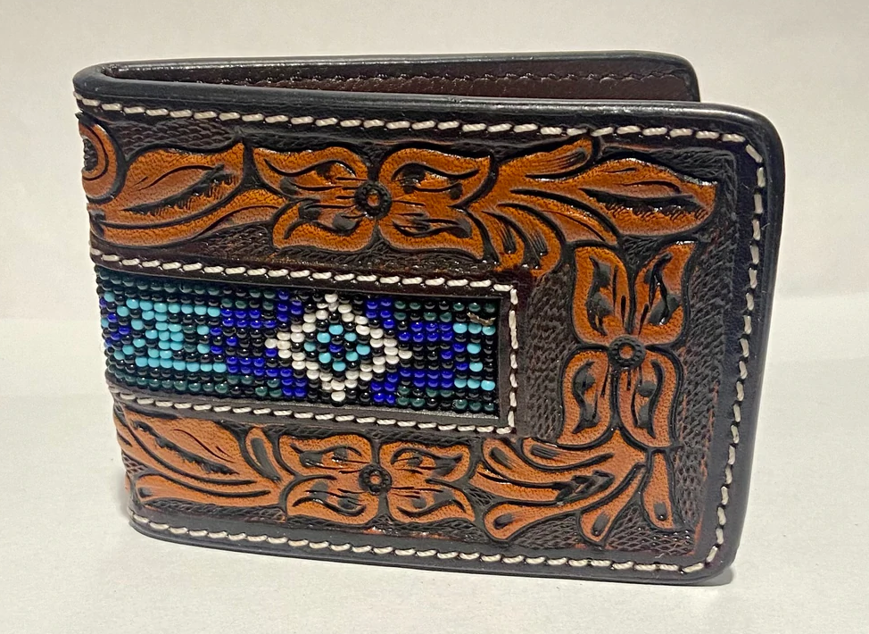 XH-246B - Twisted X Tooled Beaded Bi-Fold Wallet