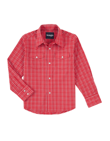 10BWR427R - Wrangler Boy's Wrinkle Resist Long Sleeve Pearl Snap Shirt - Red