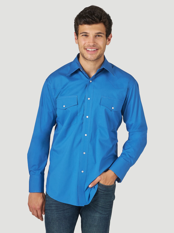 10MWR431B - Wrangler Men's Wrinkle Resist Pearl Snap Shirt - Blue