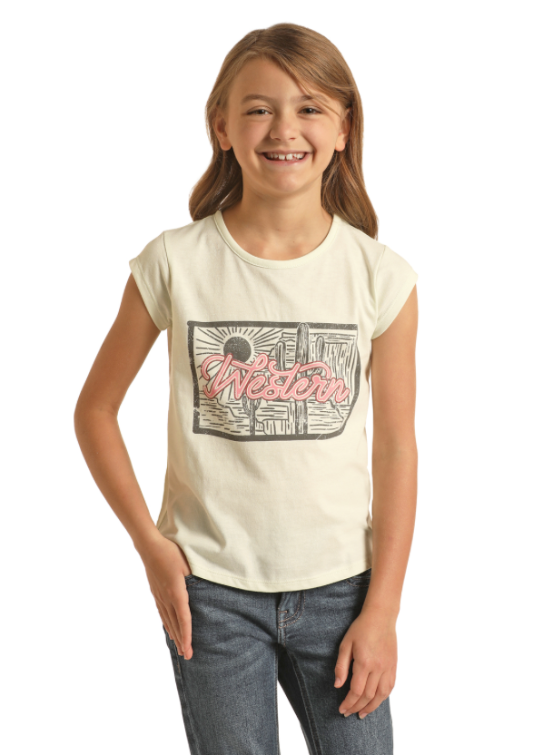 G3T3341 - Rock&Roll Denim Girl's Cap Sleeve Graphic T-Shirt