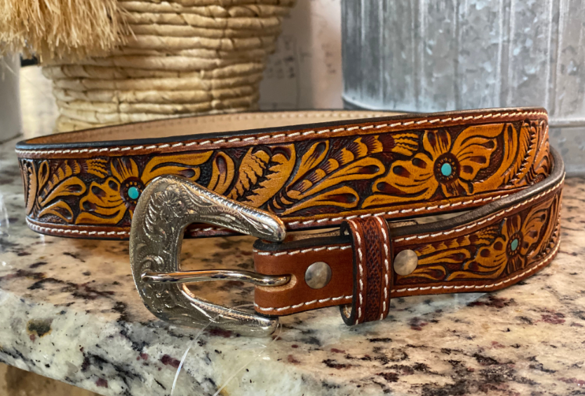 XB-900 - Twisted X Turq. Floral Tooled Leather Belt