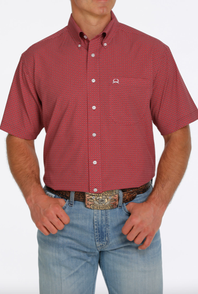 MTW1704103- Cinch Men's Geometric SS Button-Up Shirt - Red