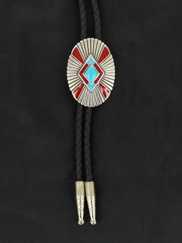 22814 - M&F Western Men's Red and Turquoise Stone Bolo Tie