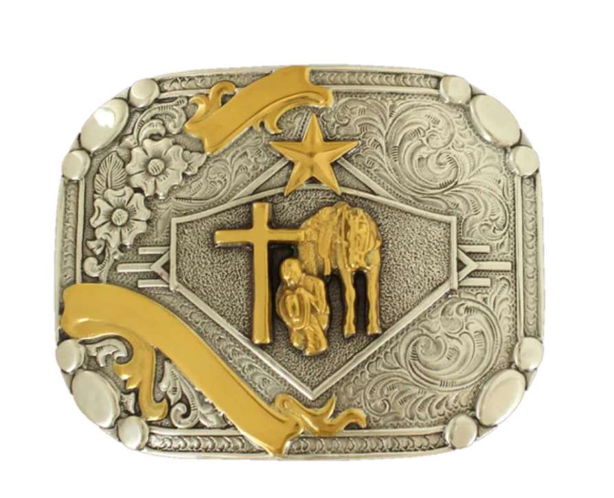 37402 - Nocona Belt Co. - Silver and Gold Praying Cowboy Ribbon  Buckle