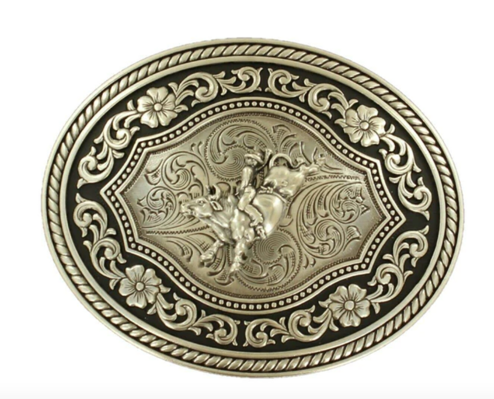 37710 - Nocona Belt Co. - Silver Scroll and Bull Rider Oval Buckle