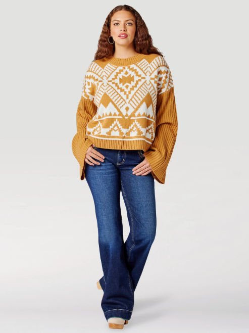 112322126 - Wrangler® Women's Southwestern Bell Sleeve Sweater - Mustard
