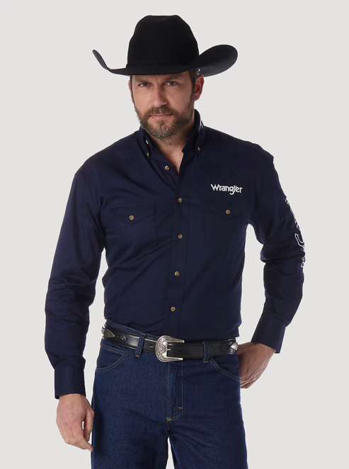 10MP2327N - Wrangler® Men’s Embroidered Wrangler Logo LS Button Down Shirt - Navy