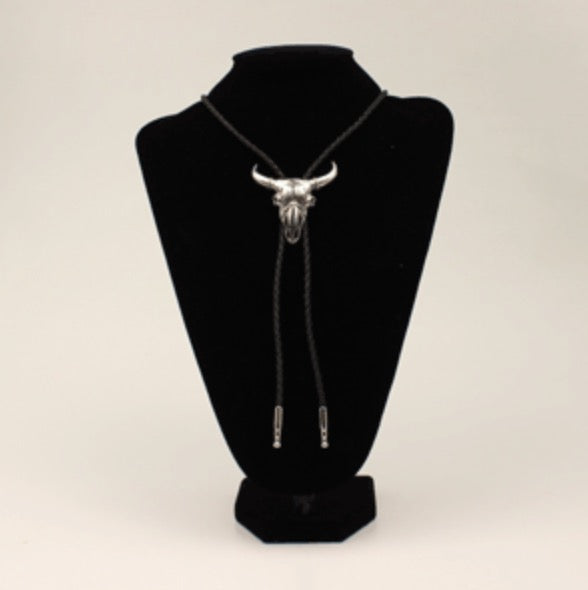 22233 - M&F Western Men's Silver Steer Skull Bolo Tie