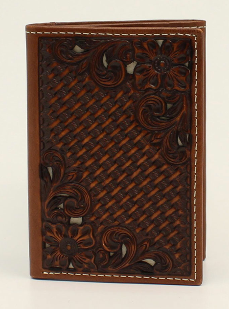 N500016002- Nocona- Tri Fold Floral Basket Weave - Tooled Brown