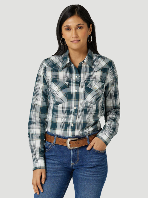 112327184 - Wrangler Women’s Essential LS Plaid Poplin Western Snap Shirt - Dark  Teal