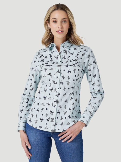 
                  
                    112327262 - Wrangler Women’s LS Retro Cactus Western Snap Shirt - Blue Print
                  
                