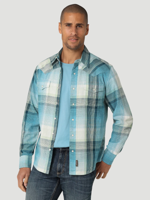 112324851 - Wrangler Men’s Retro Premium LS Western Snap Plaid Shirt - Blue Light