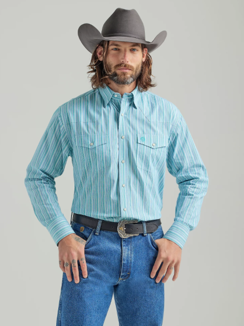 112324947 - Wrangler Men’s George Strait Troubadour LS Western Shirt Snap Shirt - Teal Blue