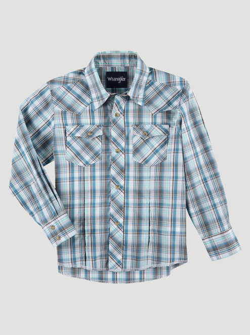 112324657 - Wrangler Boy’s LS Fashion Western Plaid Shirt - Multi Blue