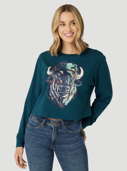 112327230 - Wrangler Women’s LS Cropped Buffalo Graphic Tee - Dark Teal