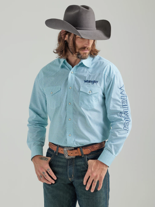 
                  
                    112324643 - Wrangler Men’s Logo LS Western Snap Print Shirt - Turquoise White
                  
                