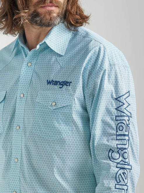 
                  
                    112324643 - Wrangler Men’s Logo LS Western Snap Print Shirt - Turquoise White
                  
                