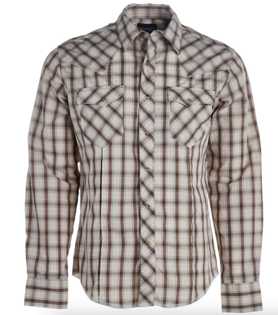 112324668 - Wrangler Men's LS Modern Fit Plaid Pearl Snap Shirt - Brown Plaid