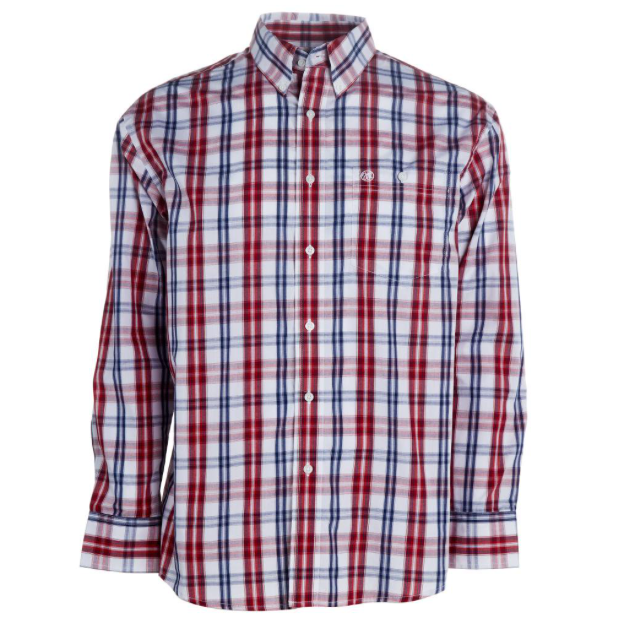 112324792 - Wrangler Men's LS Relaxed Fit Plaid Button-UP Shirt - Red/Navy Plaid