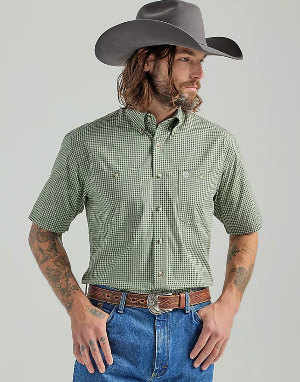 112324896 - Wrangler Men's George Strait Short Sleeve Shirt - Green