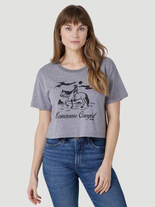 112326479- Wrangler Women’s Lonesome Cowgirl Boyfriend Crop Tee - Graphite