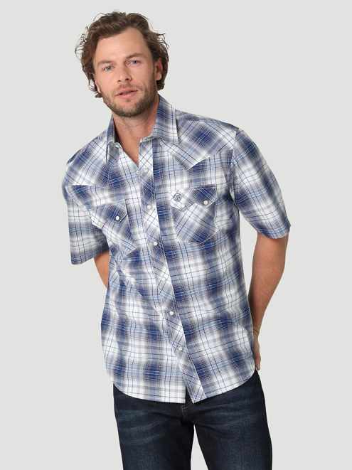 112324674- Wrangler Mens Retro SS Snap With Sawtooth Flap Pockets Plaid - Blue White