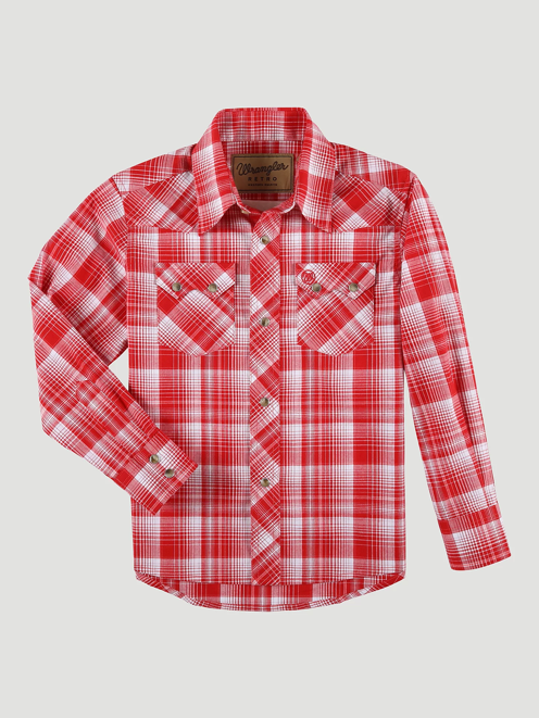 112324661- Wrangler Boy’s Retro Western LS Snap Plaid Shirt - Rhubarb Red